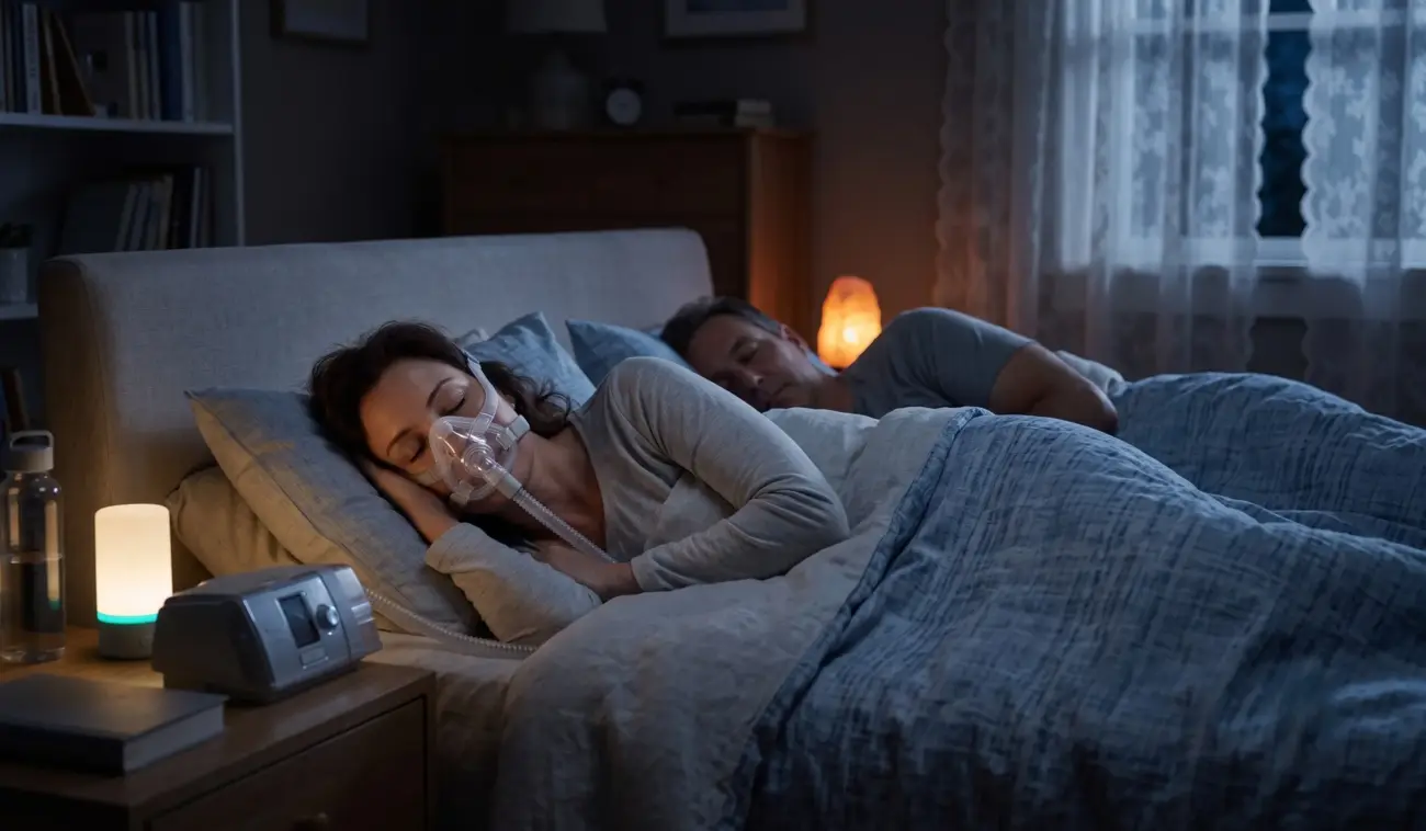 sleep apnea breathing devices: Person sleeping peacefully wearing a CPAP mask while their partner rests undisturbed beside them