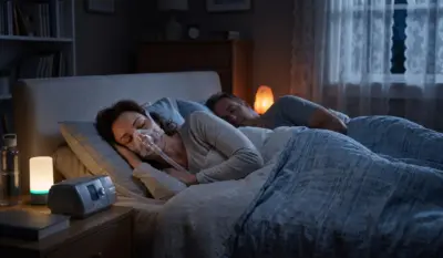 sleep apnea breathing devices: Person sleeping peacefully wearing a CPAP mask while their partner rests undisturbed beside them