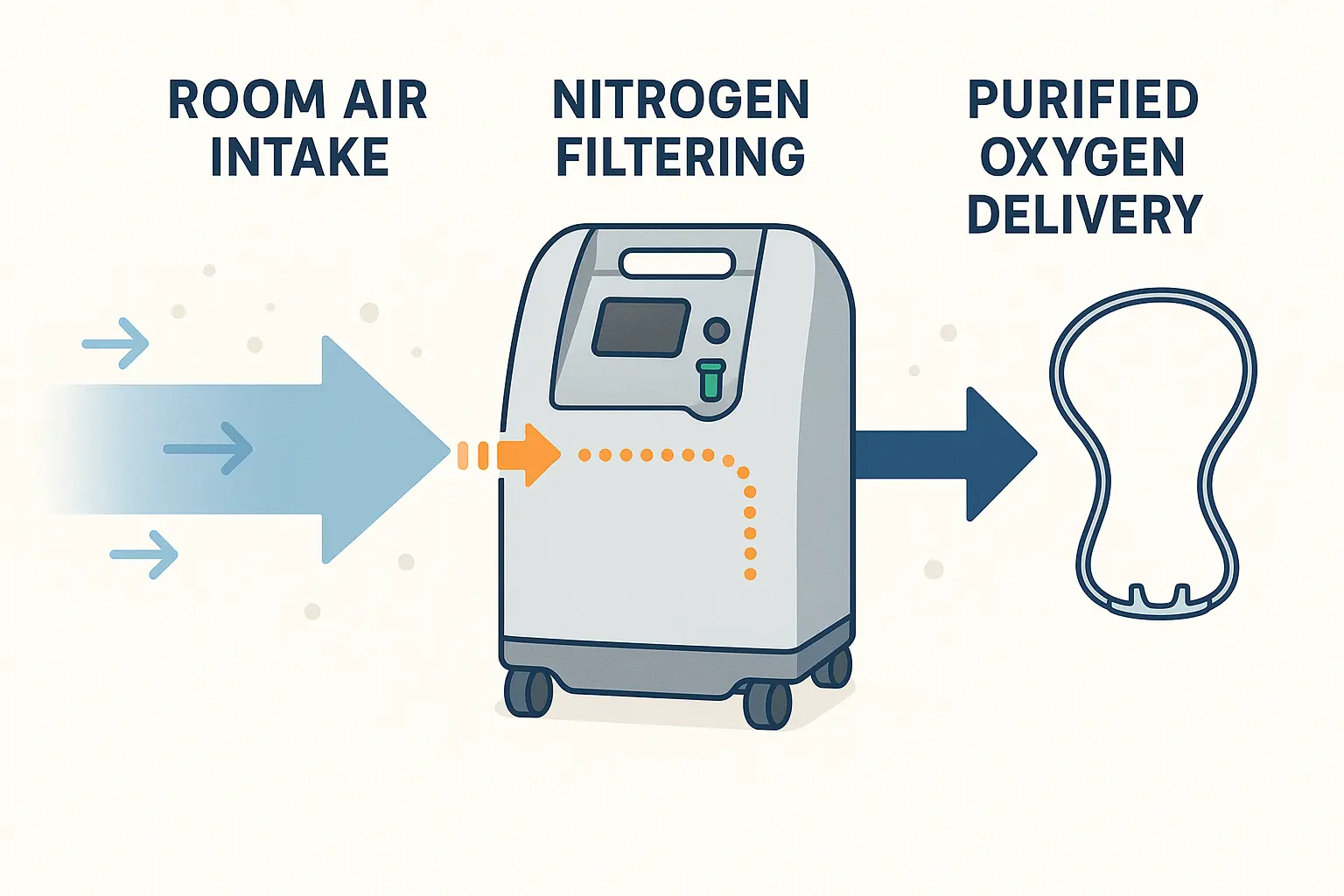 Diagram showing room air intake, nitrogen filtering, and purified oxygen delivery
