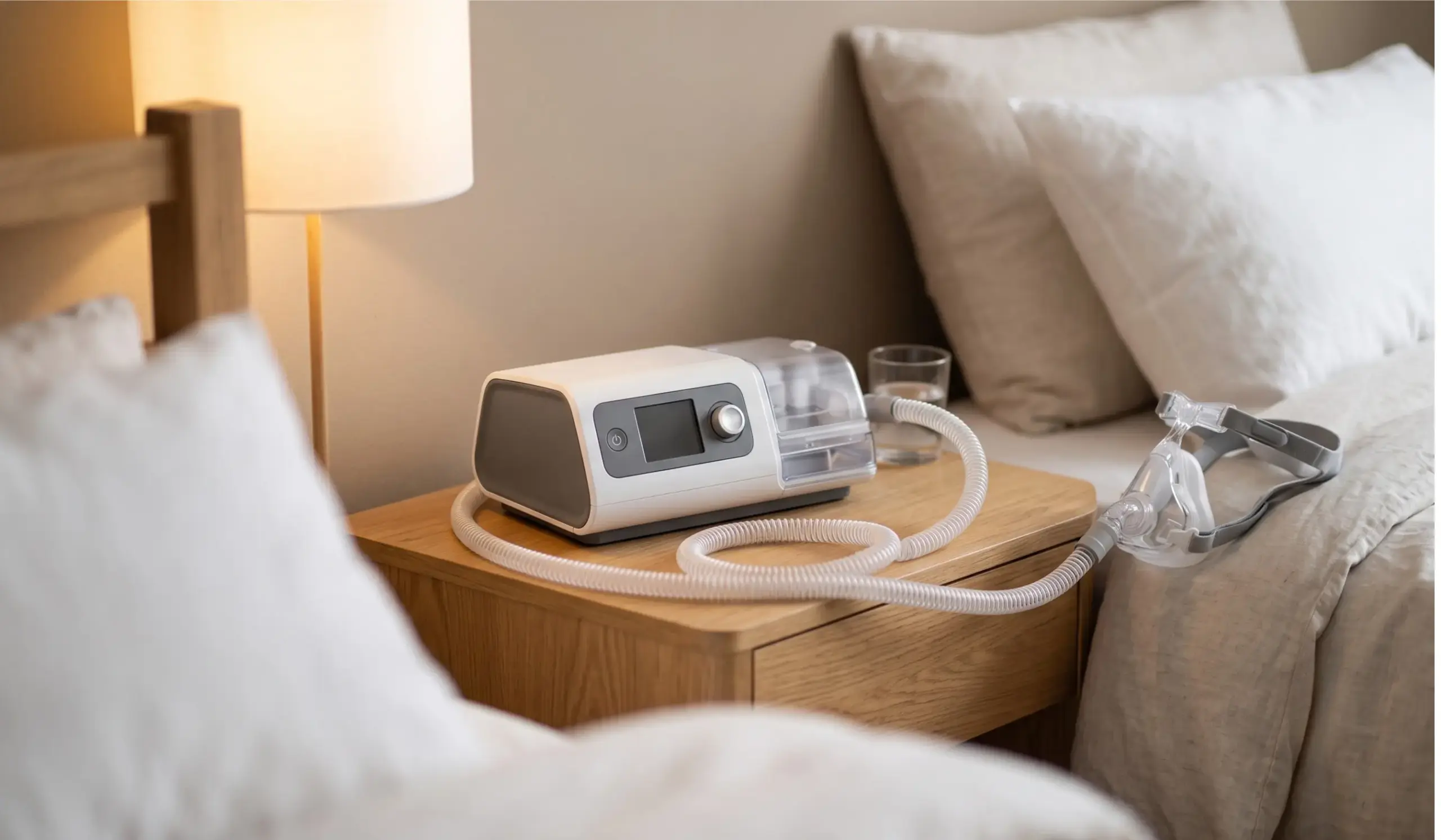 BiPAP machine with mask and tubing on a bedside table in a home bedroom