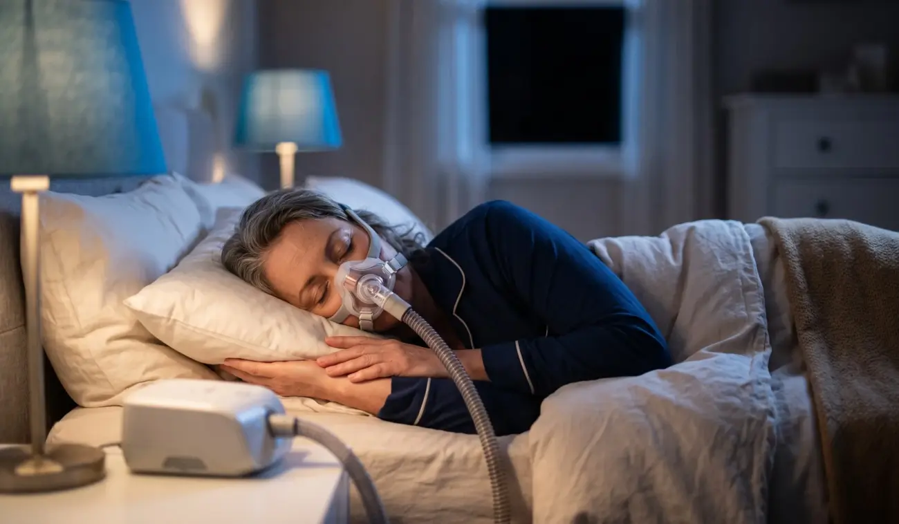Person sleeping peacefully at night wearing a CPAP mask in a softly lit bedroom