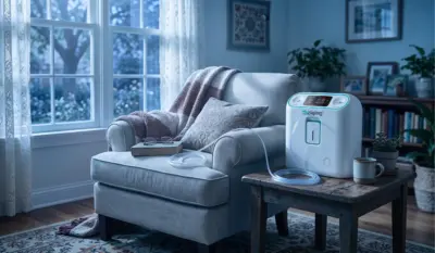 Oxygen concentrator machine beside an armchair in a home living room