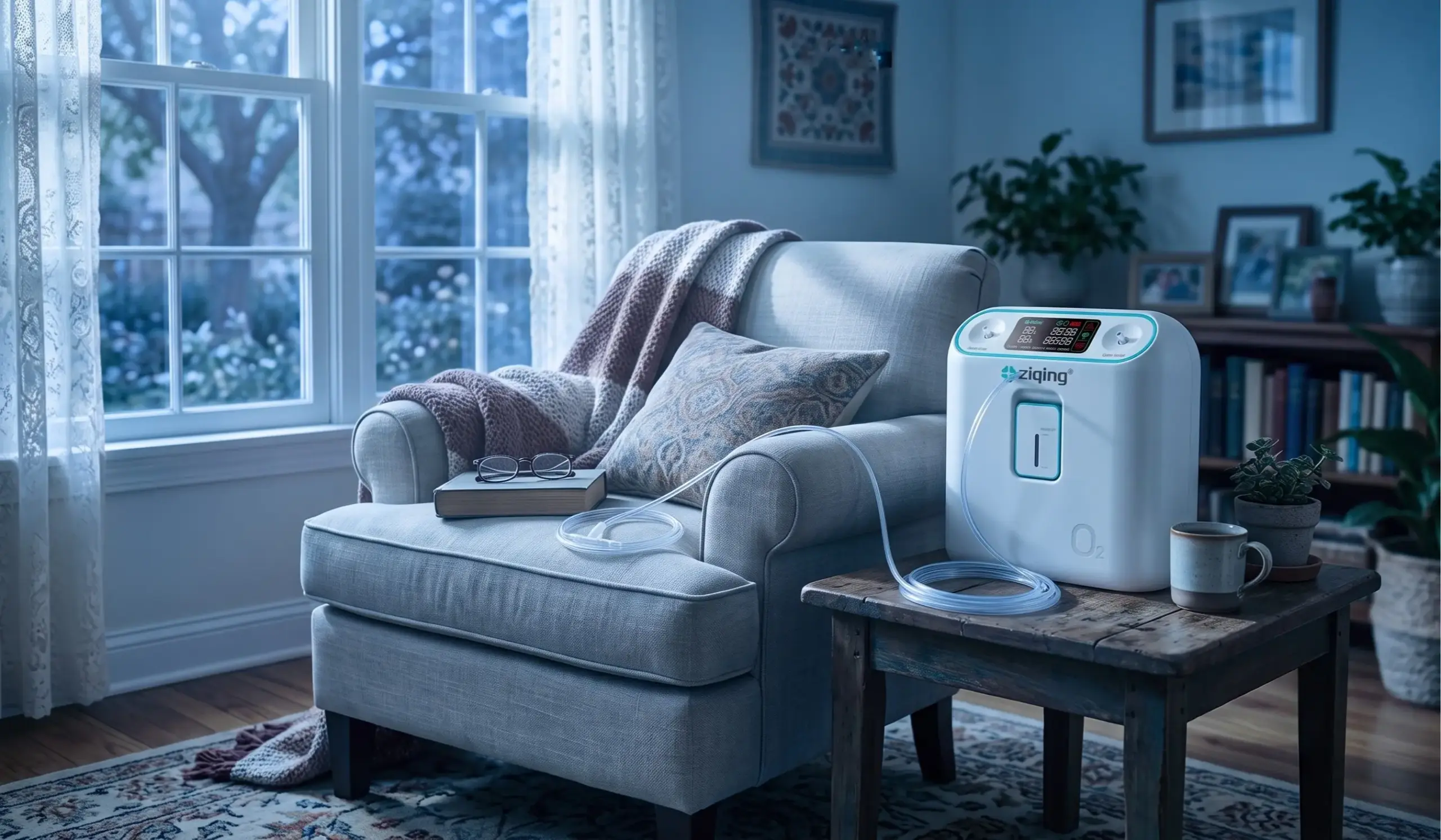 Oxygen concentrator machine beside an armchair in a home living room
