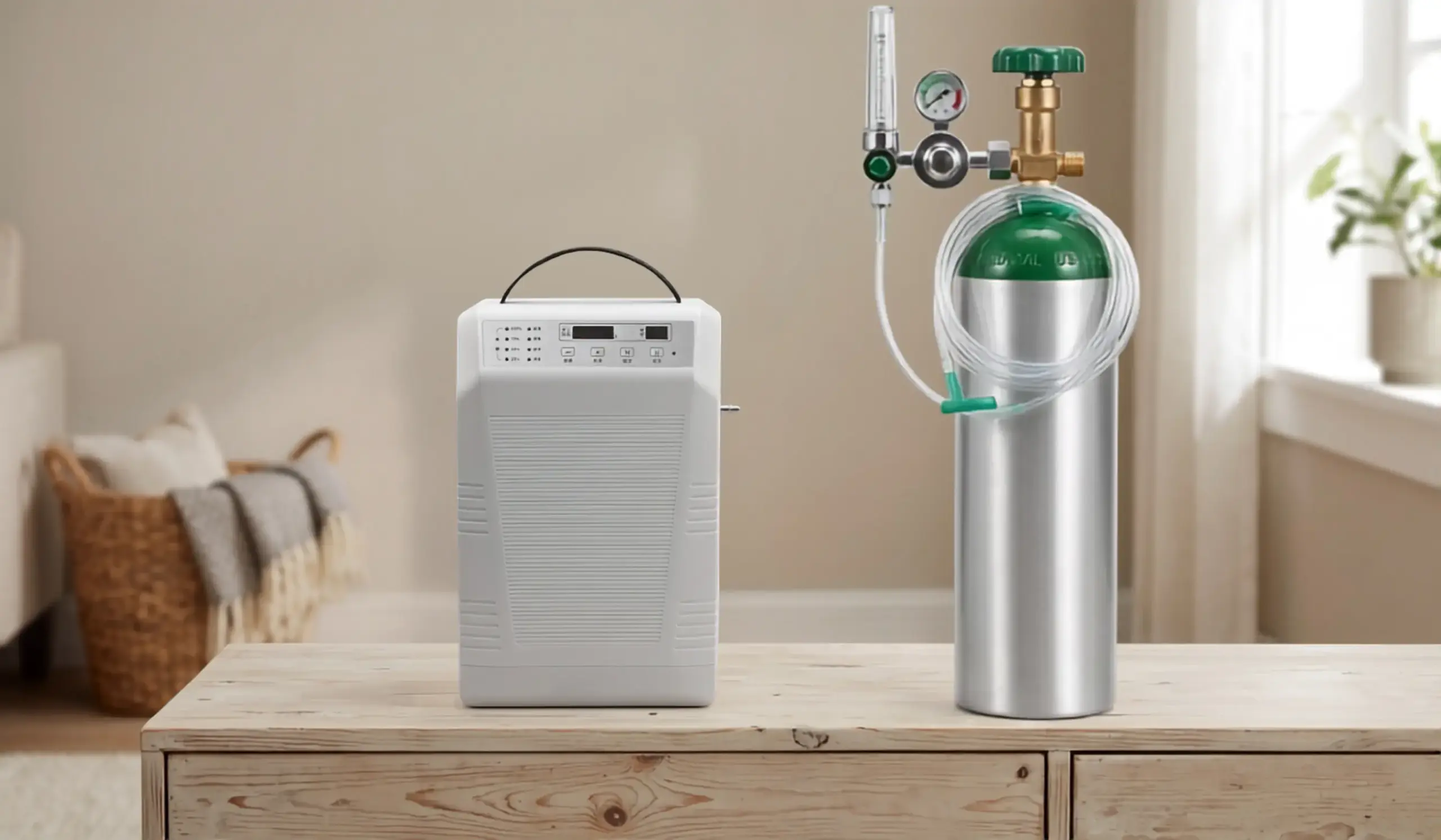 Oxygen concentrator machine next to an oxygen tank cylinder in a home setting
