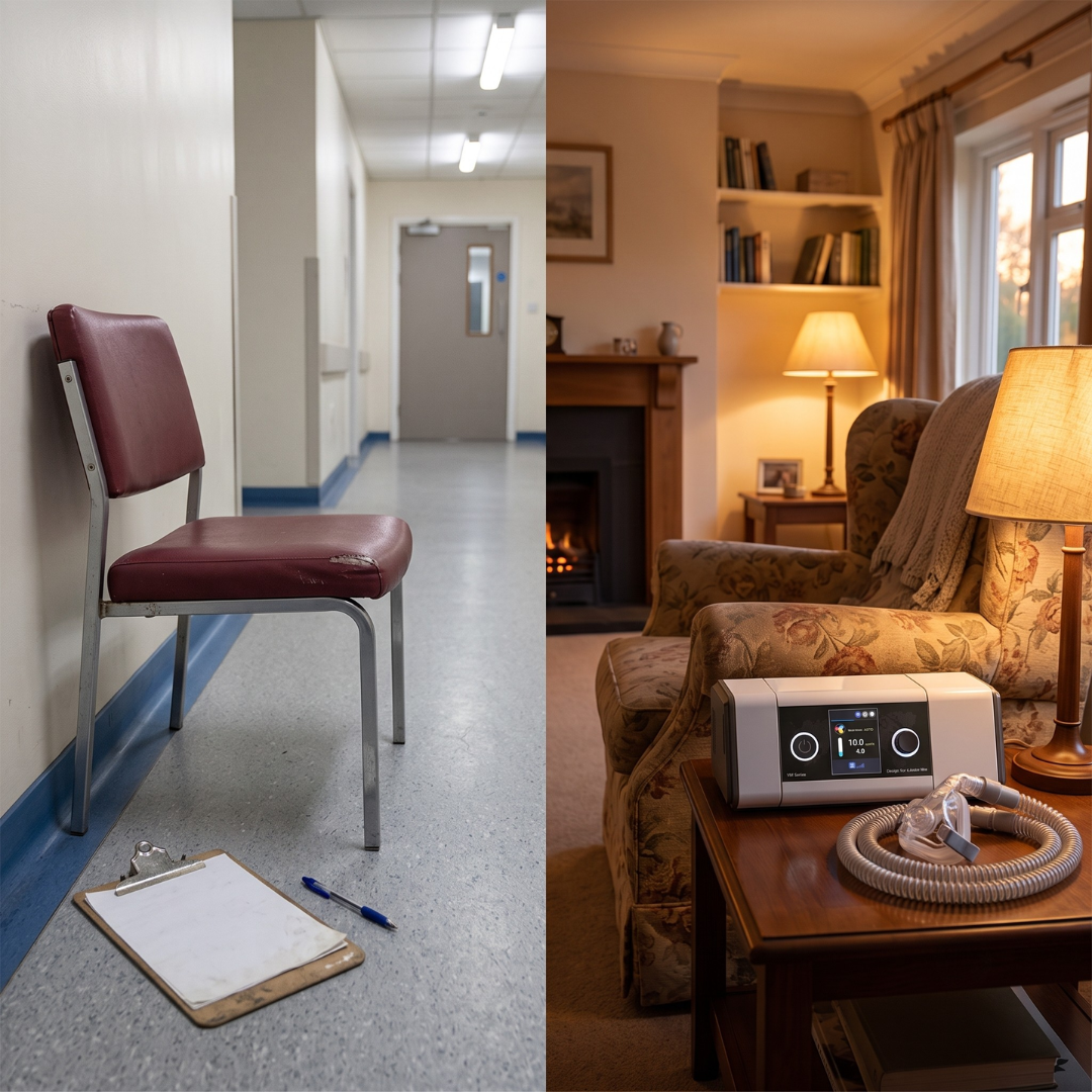 Split comparison of NHS waiting room versus a CPAP machine already set up at home in the UK