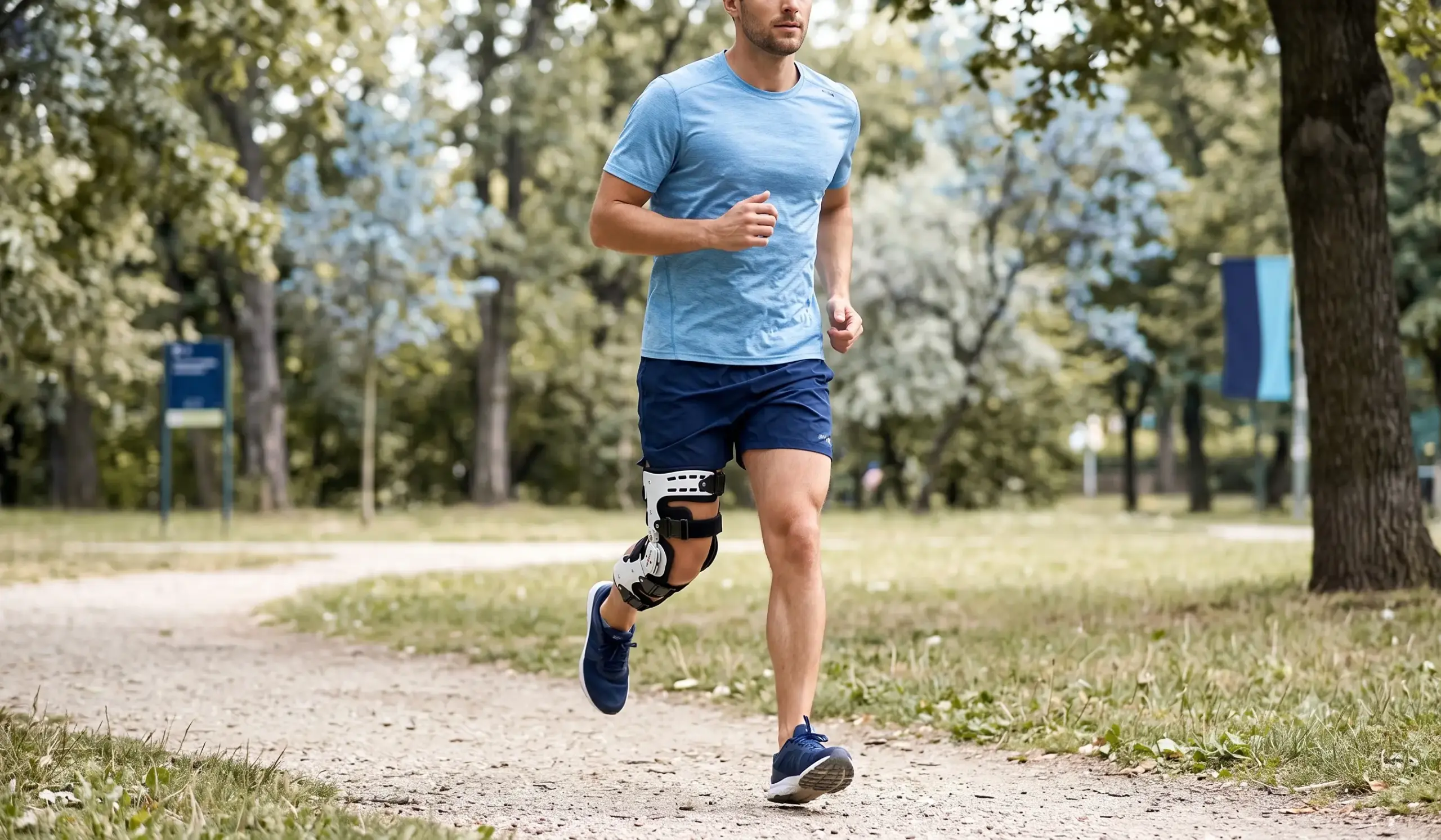 Athlete wearing a knee brace for support while running outdoors