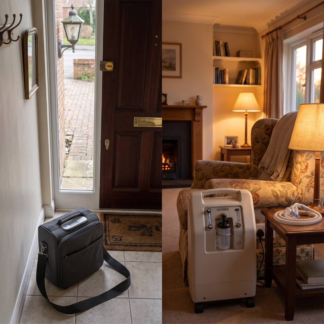 Comparison of a portable oxygen concentrator ready to travel and a home oxygen concentrator set up in a UK living room