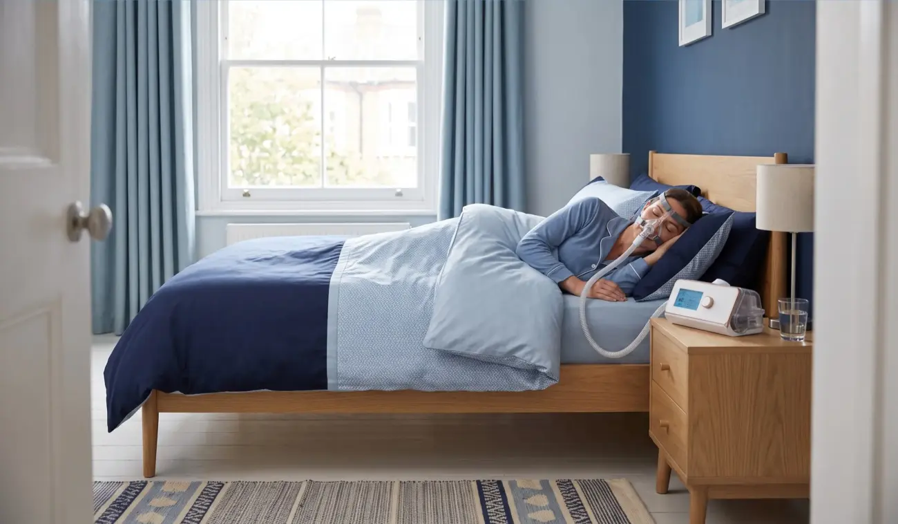 Person sleeping with a CPAP/APAP machine for sleep apnea therapy
