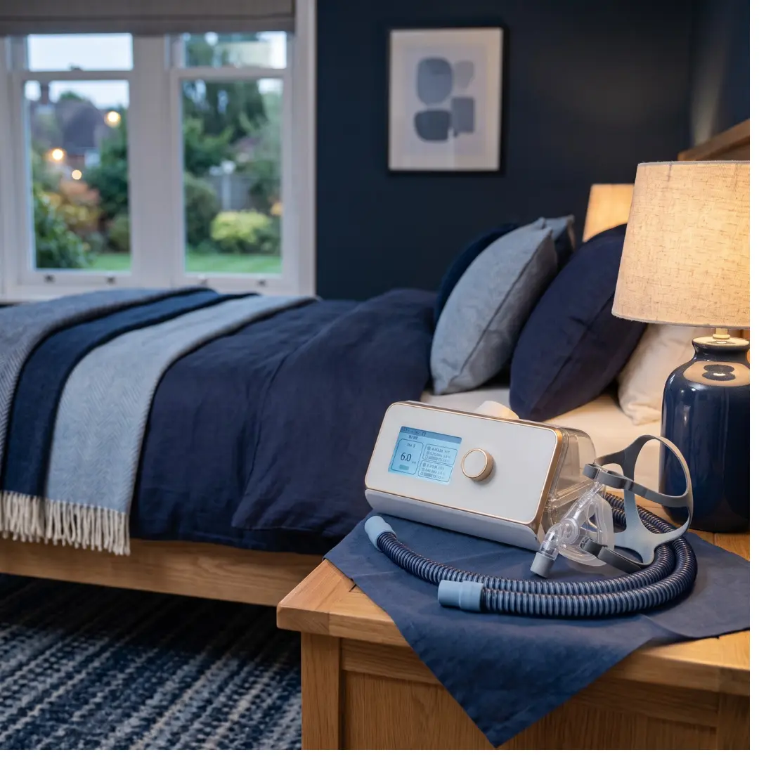 APAP machine on a bedside table with mask ready for sleep therapy