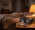 Elderly patient's CPAP machine and mask set up on a bedside table before sleep