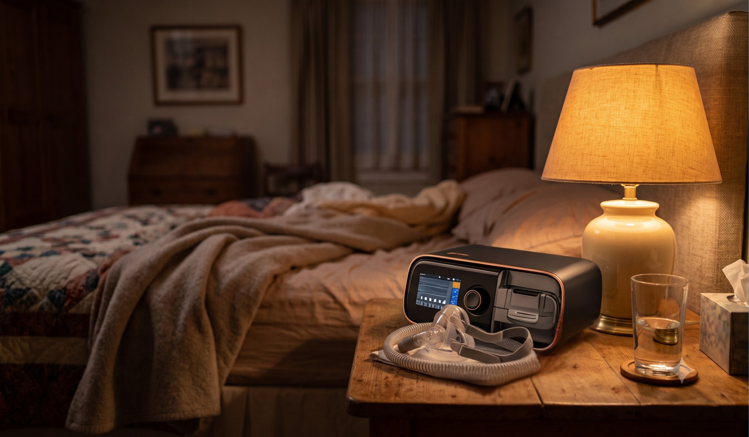 Elderly patient's CPAP machine and mask set up on a bedside table before sleep