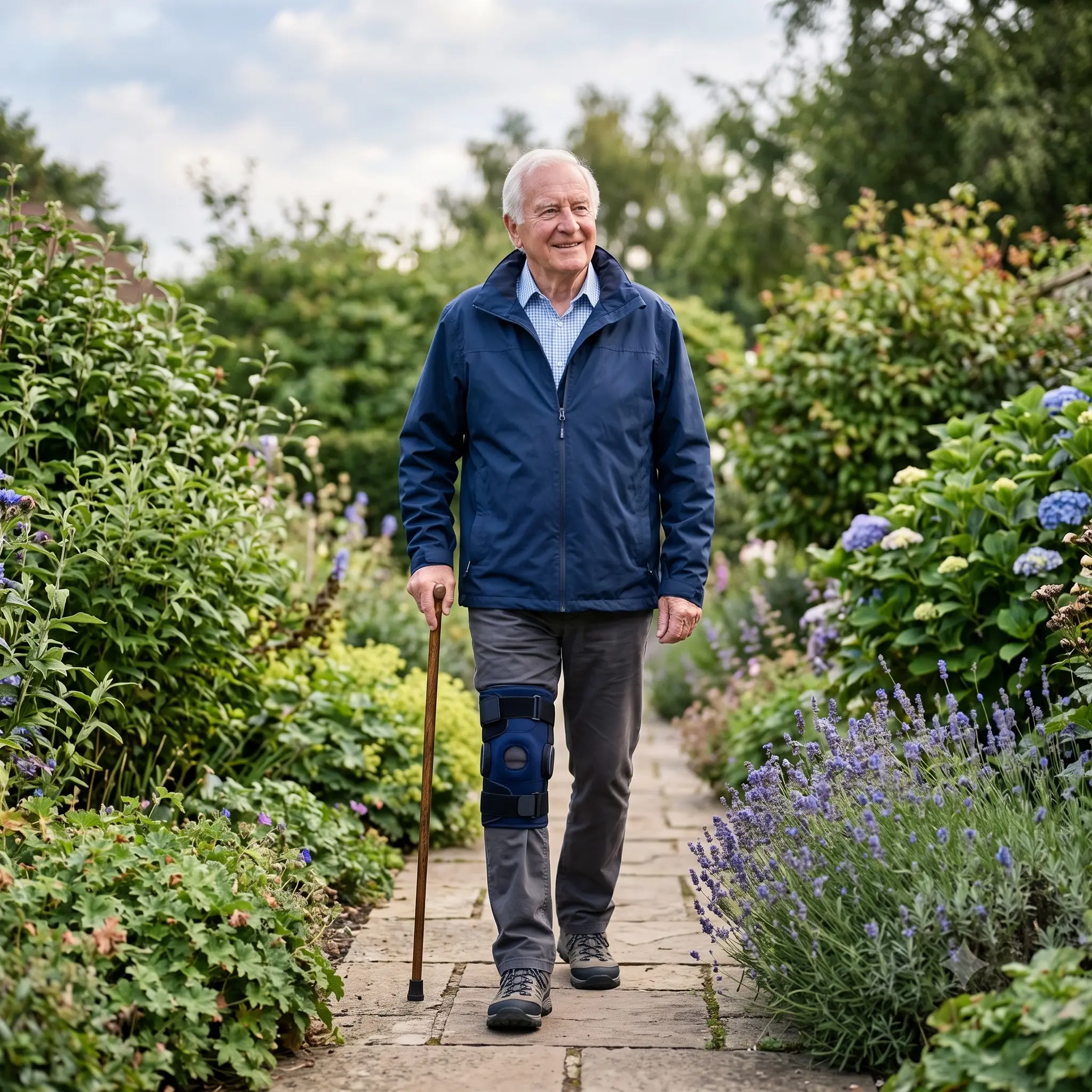 Elderly person wearing a knee brace while walking outdoors for arthritis support