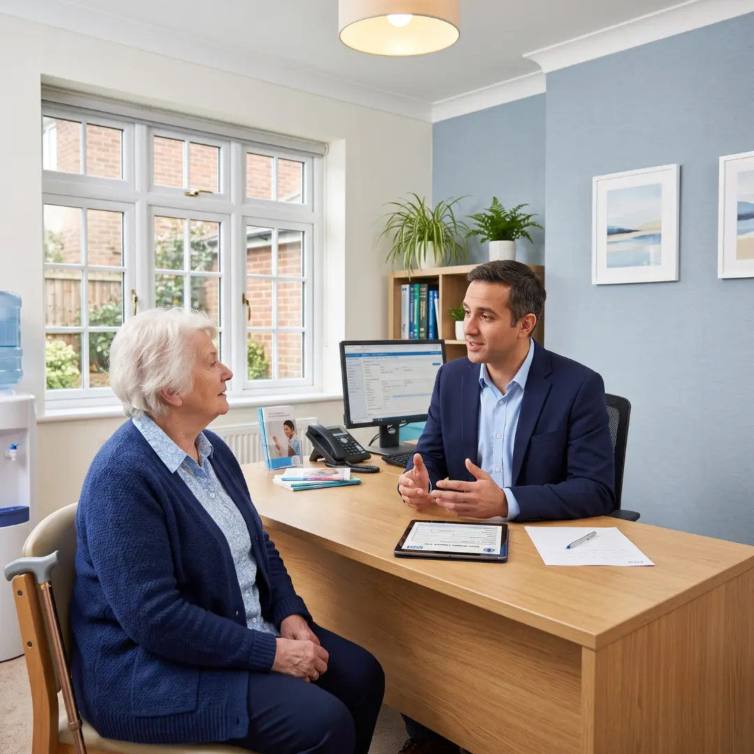 GP discussing an NHS home oxygen referral with an elderly patient in the UK