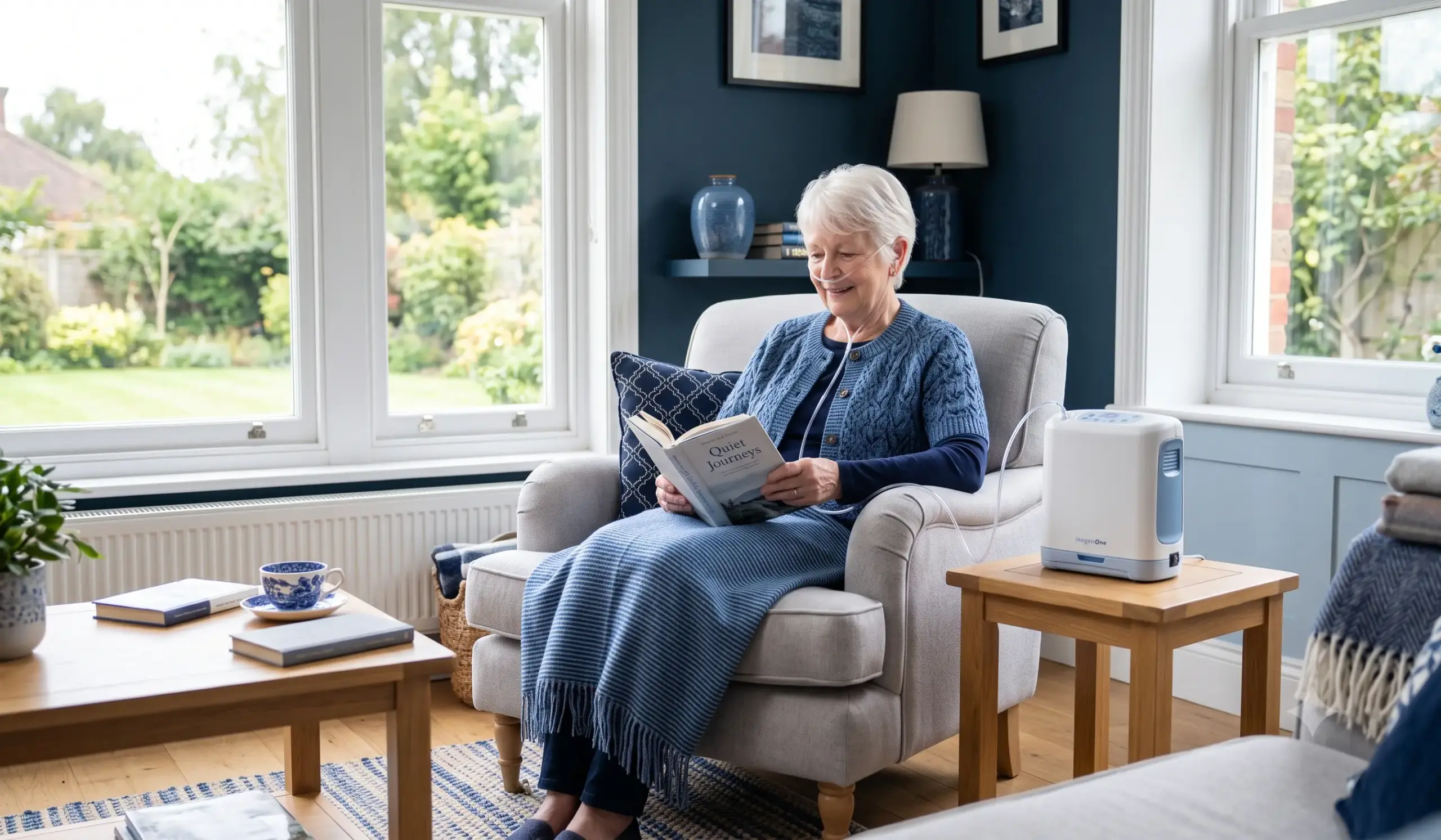 Elderly person using a home oxygen concentrator at home in the UK - oxygen concentrator NHS UK