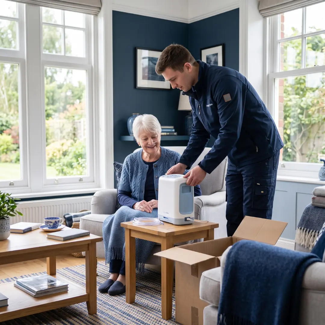 Home oxygen concentrator delivered and set up in a UK living room