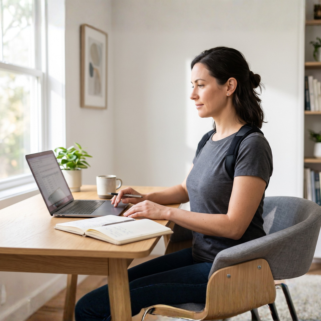 Person wearing a posture corrector brace while working at a desk