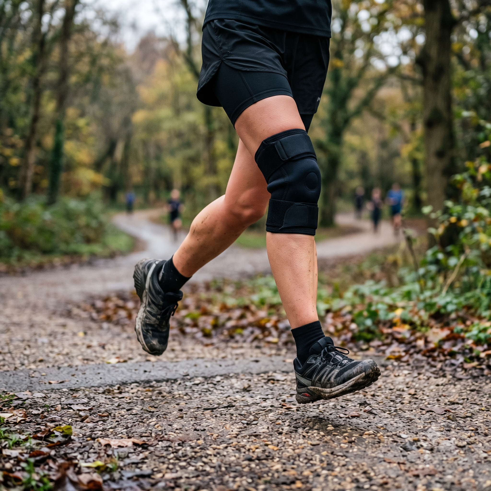 Runner wearing a knee support brace while running on a UK park path