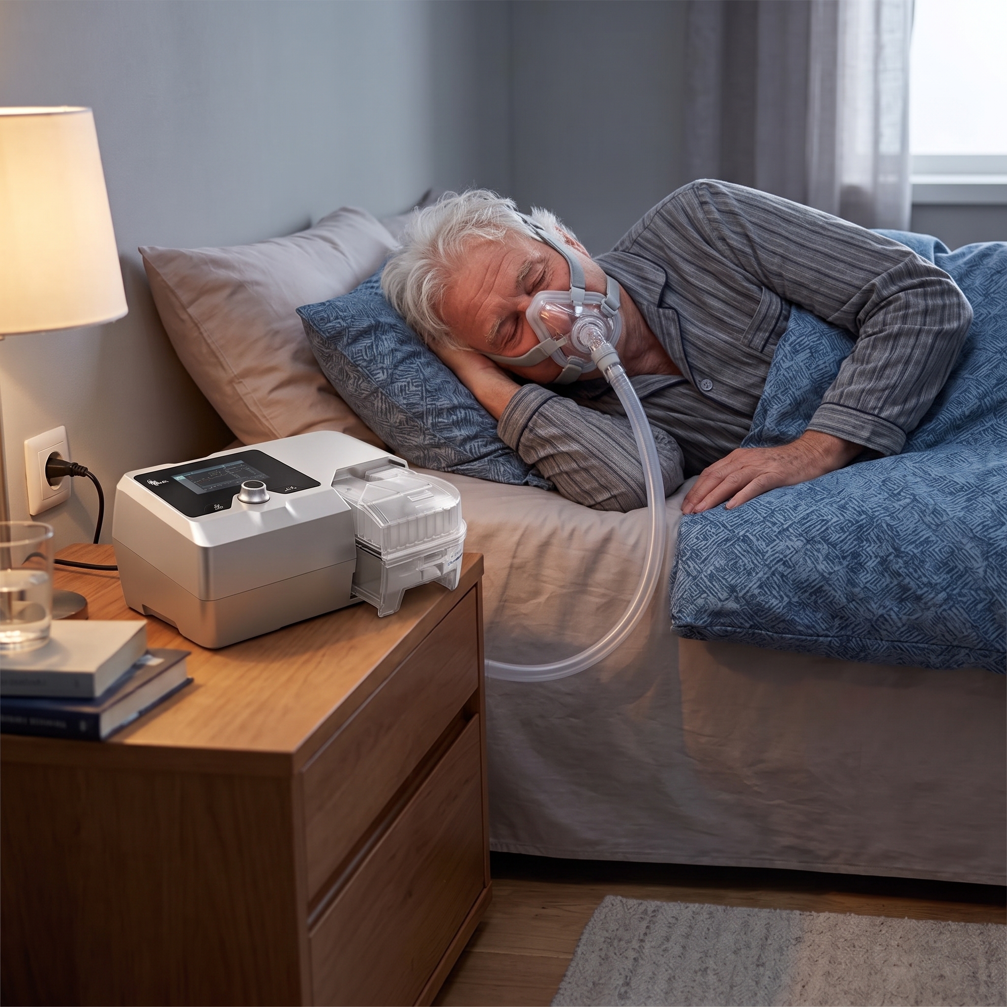 Older man sleeping peacefully connected to the Auto CPAP/APAP Machine
