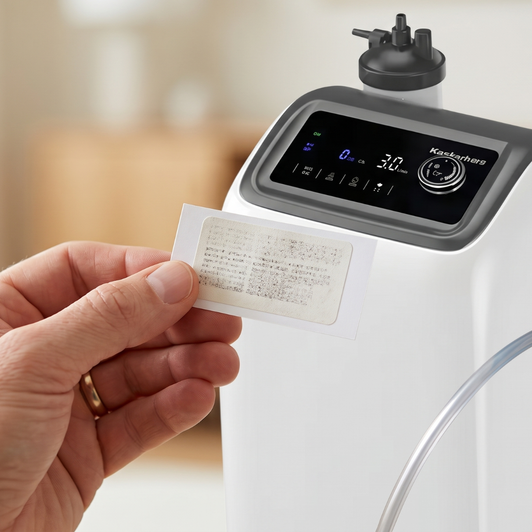 Close-up of an oxygen concentrator price tag showing UK pricing