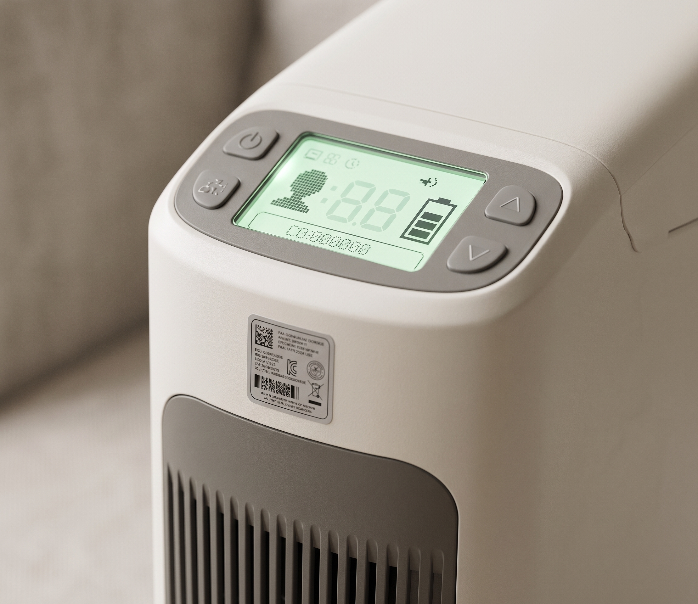 Portable oxygen concentrator control screen showing battery and flow settings for air travel
