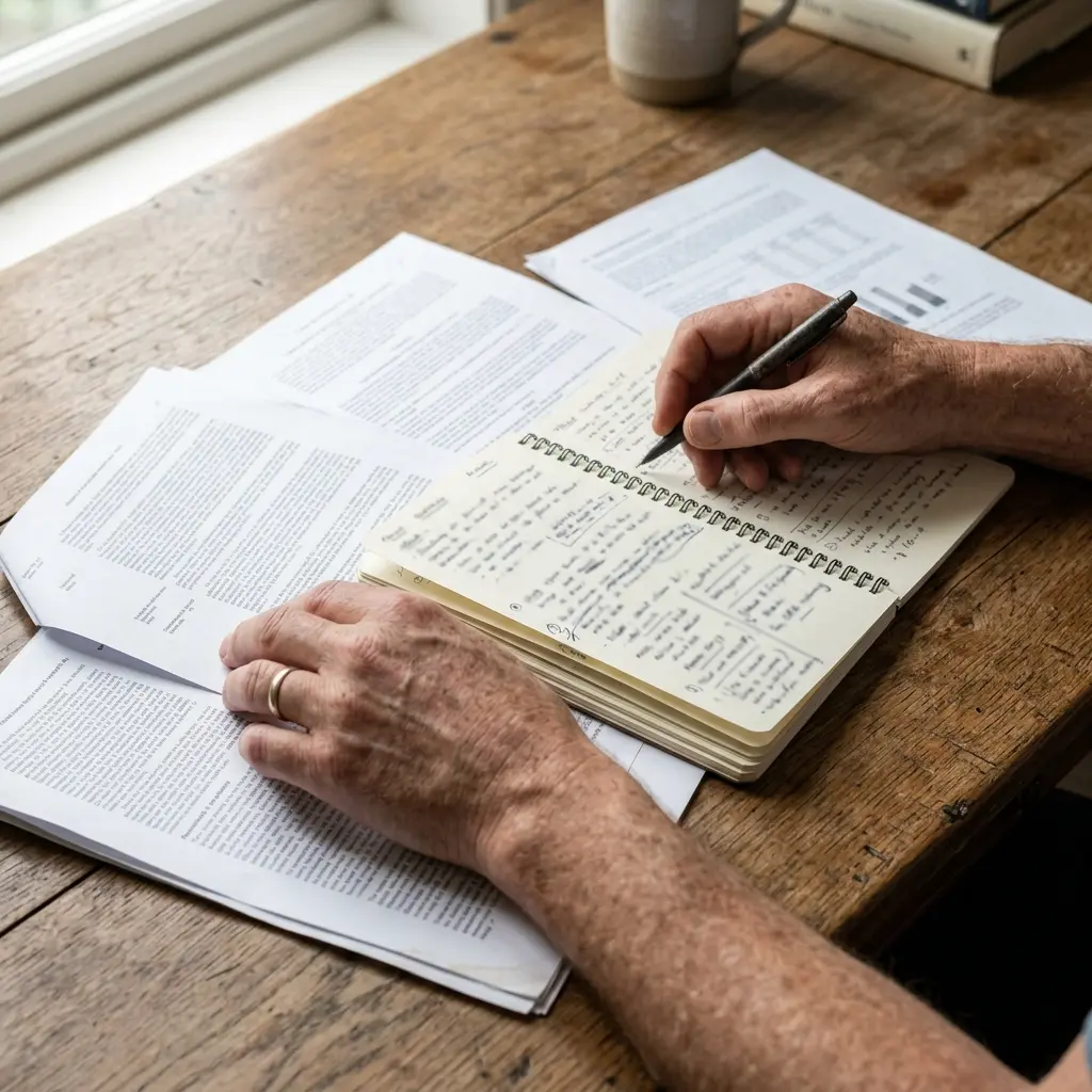 Person reviewing posture and back research notes at a desk