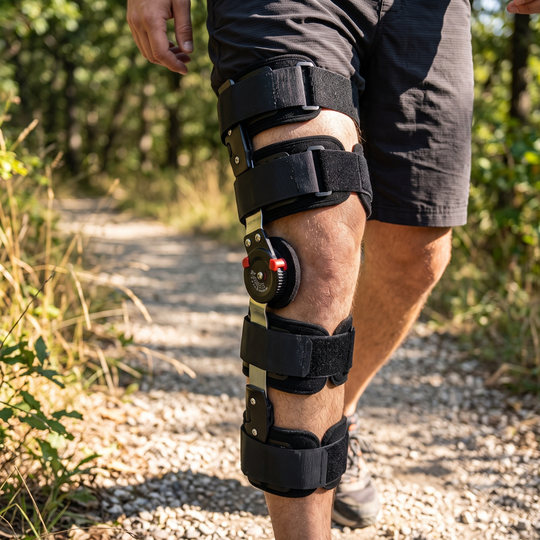 Person wearing a hinged knee brace while walking outdoors