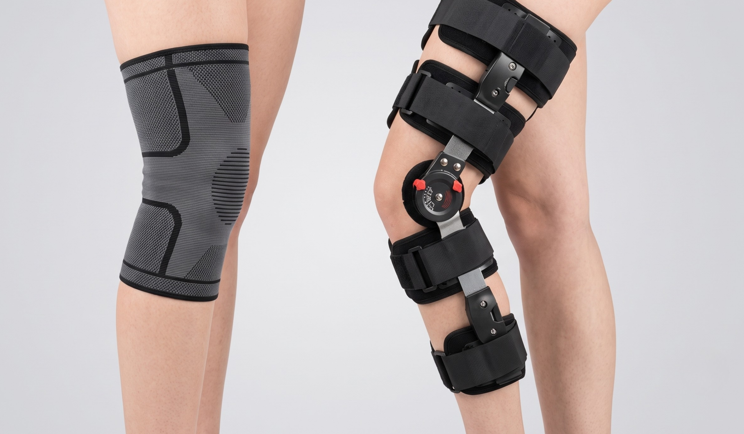 Knæstøtte sammenlignet side om side med en knæbandage med hængsel
