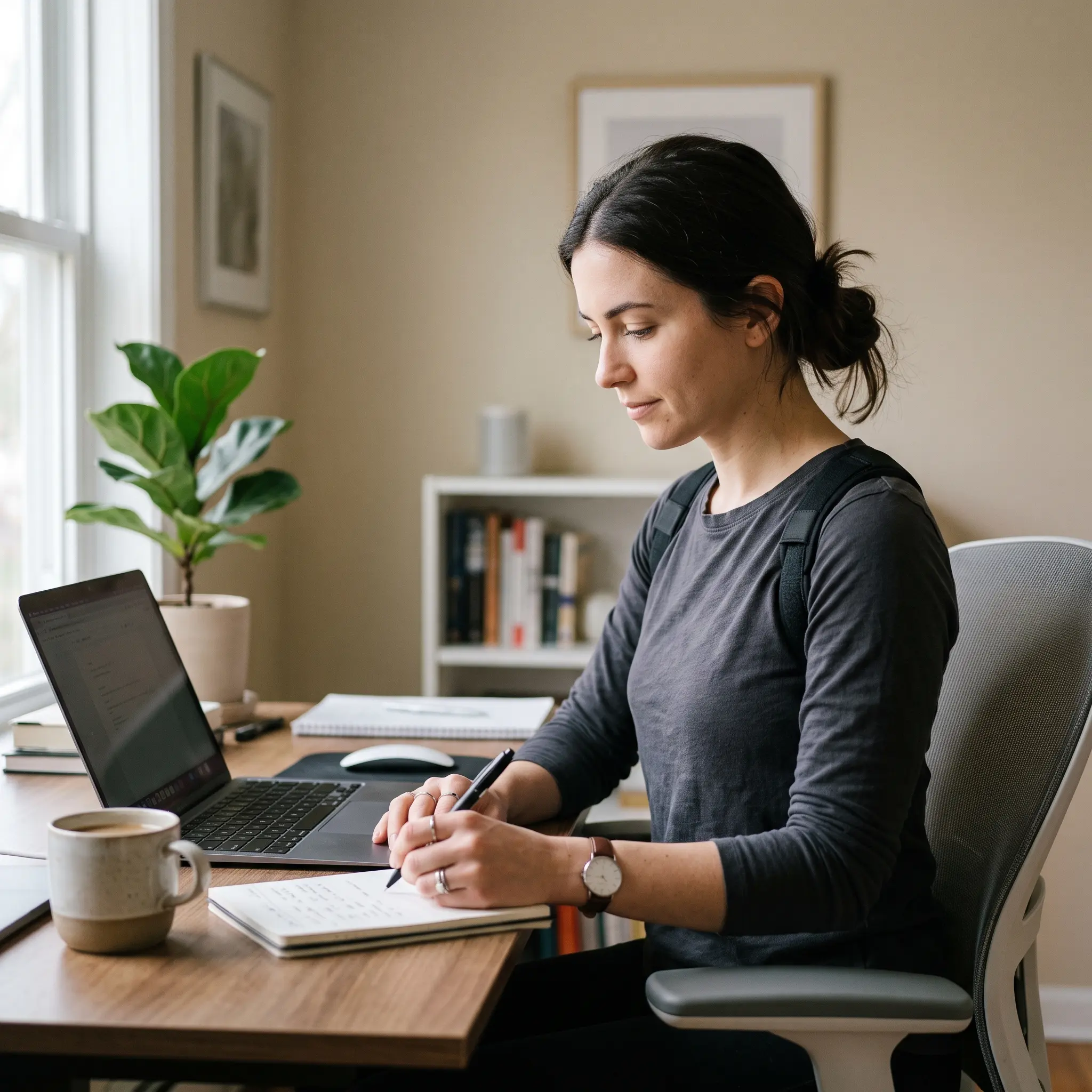 Person wearing a posture corrector while working at a desk