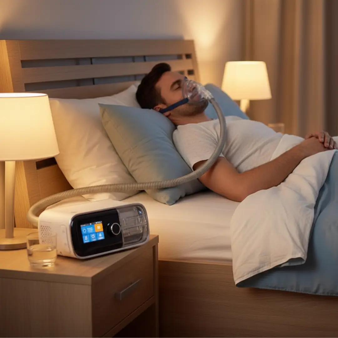 Person sleeping peacefully using the Auto CPAP Machine with Mask DF-20A