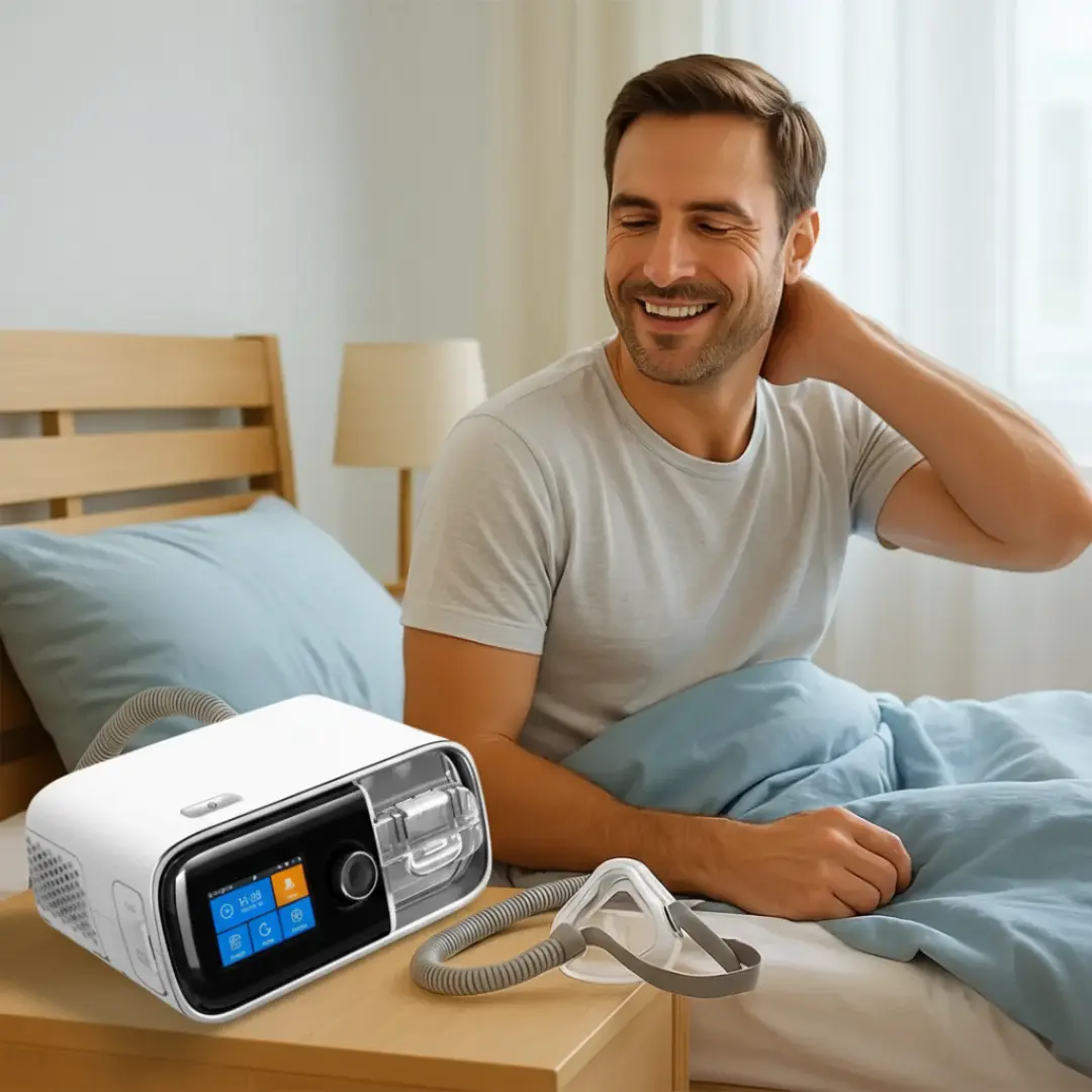 Man waking up refreshed and full of energy after using the Auto CPAP Machine DF-20A